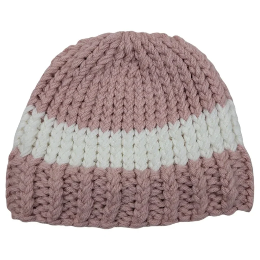 Hand‎ Knit Hat Beanie Pink White kids Girls Youth Child